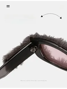 Detail shot of durable metal hinge structure on fuzzy plush square sunglasses