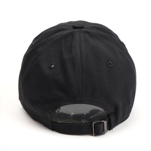 Rear view of black cotton baseball cap with adjustable metal strap and letter embroidery