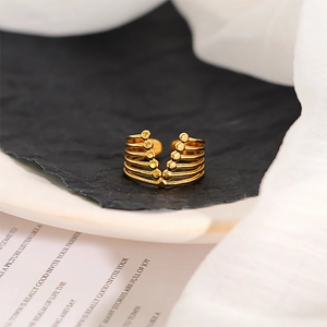 Detailed view of layered gold-plated stainless steel ring with beaded V-shaped bands
