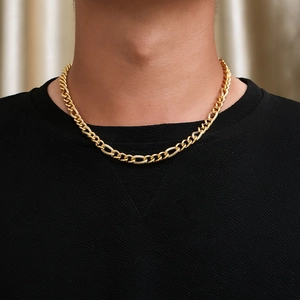 Minimalist gold titanium steel chain necklace shown on a model with a black t-shirt
