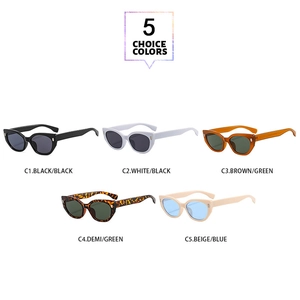 Cat eye sunglasses detail showing five color options in black, white, and tortoiseshell