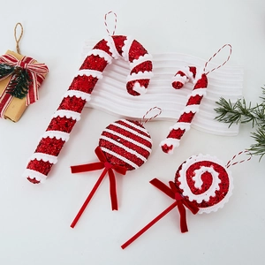Christmas Candy Cane Lollipop Hanging Ornaments Red White Glitter Foam With Velvet Bow Holiday Tree Decoration