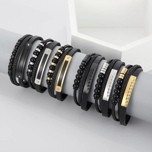 Men's multilayer braided leather bracelet with black beads and metallic accents