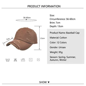 Brown distressed cotton baseball cap for men and women with adjustable strap and hole details