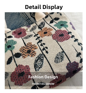 Close-up of woven floral jacquard tote bag with vibrant flowers and cotton straps