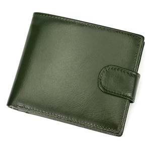 Detail shot of a dark green leather tri-fold wallet featuring fine grain and button closure