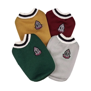 Knitted V-neck pet vests in four colors with college style crest and striped trim