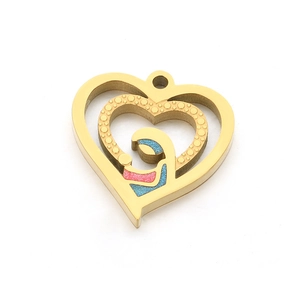 Golden heart pendant featuring a mother-child embrace with pink and blue glitter accents