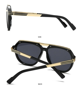 Side and back view of retro pilot sunglasses with black frame and gold metal temples