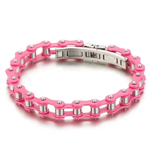 Pink and silver stainless steel bicycle chain bracelet for men in industrial punk style