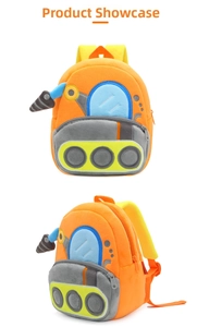 Detail view of plush kids construction vehicle backpack with orange excavator design