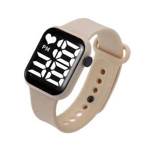 Square beige silicone LED digital watch for students with waterproof display