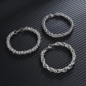 Three styles of bold stainless steel DIY bracelets with lobster clasps on black background