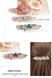 Detail of elegant red bow hair clips with rhinestones in various colorful floral styles