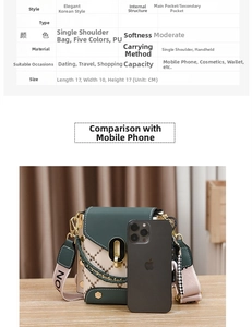 Detailed view of mini crossbody bag dimensions with green and beige color-block design