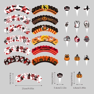 Halloween cupcake wrappers and toppers set with spooky bats, ghosts, and pumpkin patterns