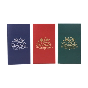 Three-piece sparkling pop-up Christmas cards in blue, red, and green with gold foil details