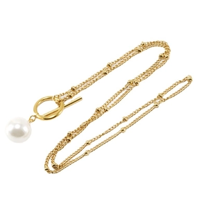 Collier double rang en acier doré 18K avec perle blanche ronde et fermoir à bascule OT