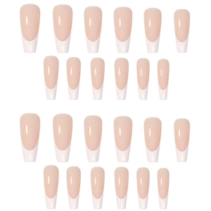 24pcs pink French ballet press-on nails set with classic white tips in long coffin shape