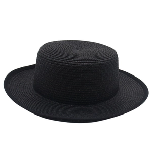 Classic black French boater straw hat with flat top and wide brim for sun protection