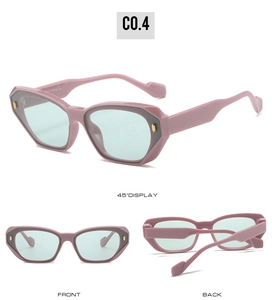 Detailed multi-angle views of lavender cat-eye sunglasses with light blue lenses and rivets