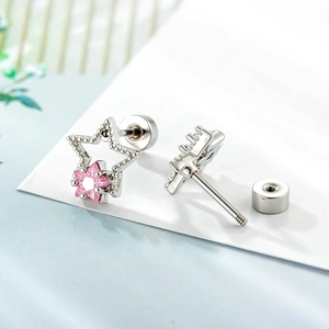 Chirurgenstahl Stern-Ohrstecker mit rosa Edelstein-Inlay und sicherem Schraubverschluss