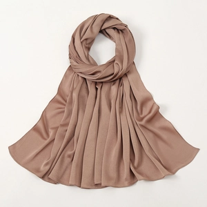Taupe silk-feel satin hijab scarf with elegant drapes and smooth glossy texture