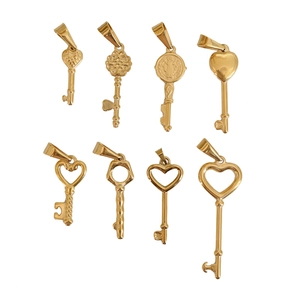 Set of eight assorted vintage gold titanium steel heart and key pendants for DIY necklaces