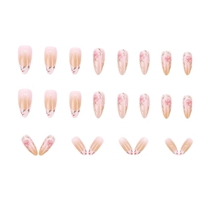 French floral press-on nails with 24pcs pink watercolor rose gradient design