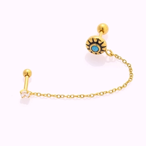 316L stainless steel gold double piercing earring with blue evil eye and zircon studs