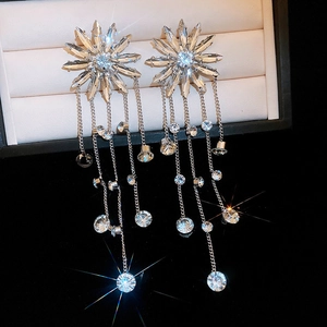 Gros plan de boucles d'oreilles tournesol scintillantes avec pompons en strass sur miroir