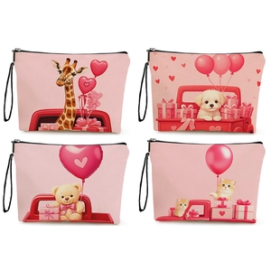 Portable Makeup Bag Fine Linen Zipper Pouch Cute Cartoon Animal Print Valentine's Day Storage Case For Women