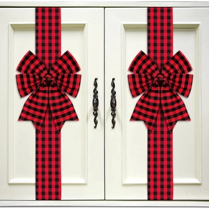 Christmas red and black buffalo plaid cabinet ribbons with festive bows for holiday decor