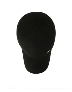 Top view of black winter baseball cap with six-panel stitching and silver metal emblem