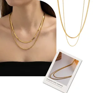 Double-layered golden stainless steel necklace with twisted chain and flat snake chain styles
