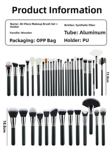 Detail of 40pcs makeup brush set with black wooden handles and soft fiber bristles