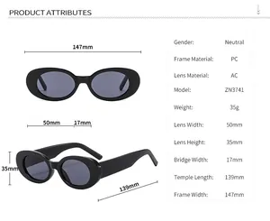 Size chart for retro cat eye sunglasses showing frame dimensions and technical specs