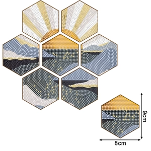 DIY diamond painting hexagon coaster set with sunrise scenery and metal holder