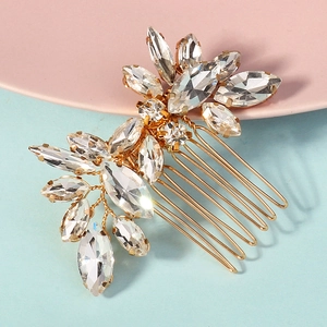 Elegant Bridal Hair Comb Leaf Shape Rhinestone Handmade Alloy Headpiece For Wedding Party Prom Gold Tone