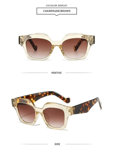 Detail view of champagne square sunglasses with brown gradient lenses and tortoiseshell temples