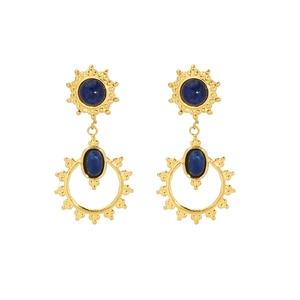 French vintage style stainless steel earrings with gold sun motifs and blue lapis lazuli