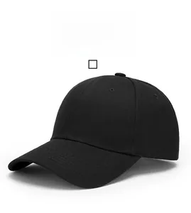 Detail of black six-panel cotton baseball cap with breathable eyelets and curved brim