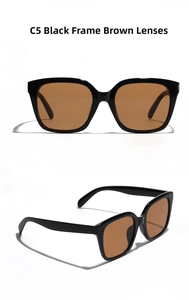 Detail view of large square black frame sunglasses with brown lenses and C5 model mark