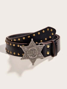 Detail of a black leather punk belt with gold studs and a star sheriff buckle