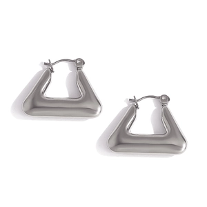 Minimalist geometric trapezoid earrings in polished silver stainless steel on white background