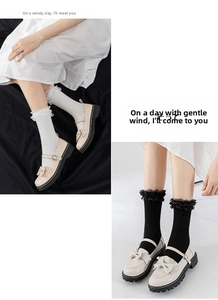 Detail of cream Mary Jane shoes with lace ruffle socks and bow accent in Japanese style