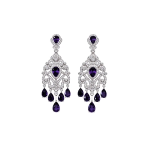 Elegant silver flower drop earrings with purple pear-shaped crystals and zircon tassels