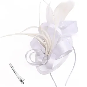 Elegant white fascinator with satin ribbon bow and feathers on a headband and clip