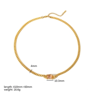 Detail view of 18K gold plated necklace featuring an orange-pink square zircon pendant