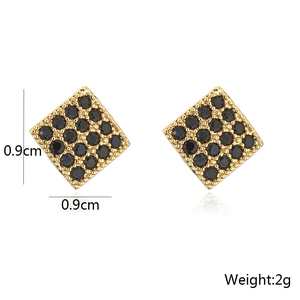 Detailed view of 0.9cm square gold plated stud earrings with black micro-inlaid stones